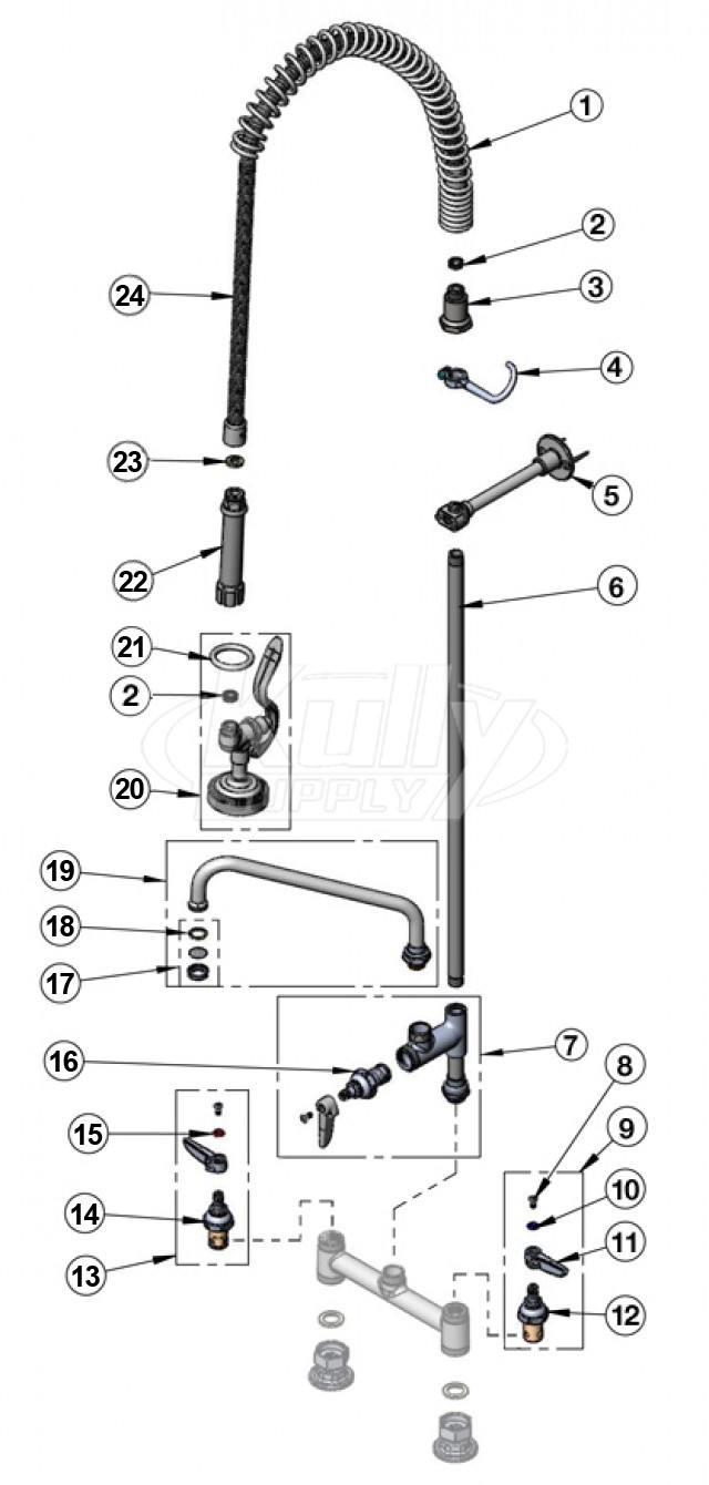 T&S Brass Spring Hose Pre-Rinse w/ Add-on Faucet Parts Breakdown